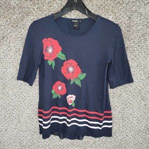 Desigual Top Womens‎ Small Navy Blue Floral Print 3/4 Sleeve Crew Neck Casual